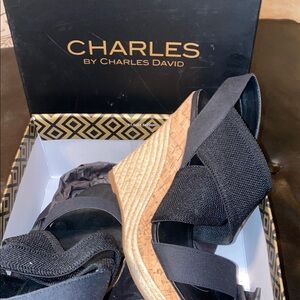 Charles by Charles‎ David Allison Black Elastic Canvas Wedge Sandals Size 9.5